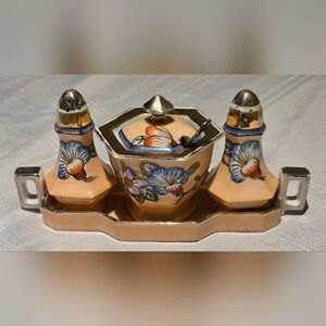 RARE Vintage Noritake ART DECO Salt & Pepper Shaker Set & Sugar bowl Good Cond